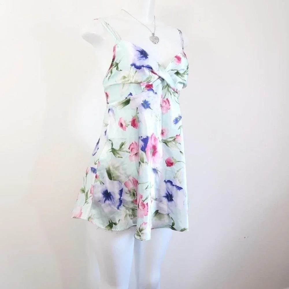 y2k BABYDOLL mint floral silky slip dress - Picture 3 of 6